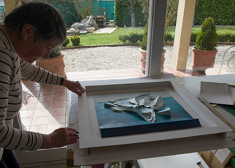 Prue Bishop making a frame for the above Sculptural Watercolour